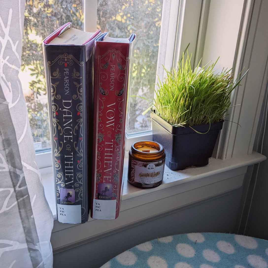 The spines of the Dance of Thieves duology perches on a windowsill next to a Sweater Weather wood-wick candle, and a small pot of cat grass.