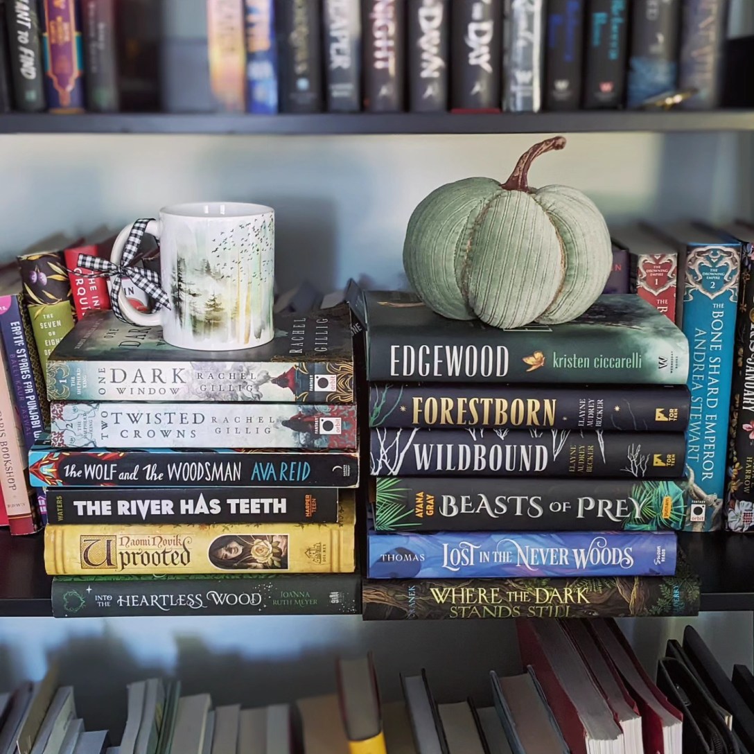 Stack of foresty books on a bookshelf