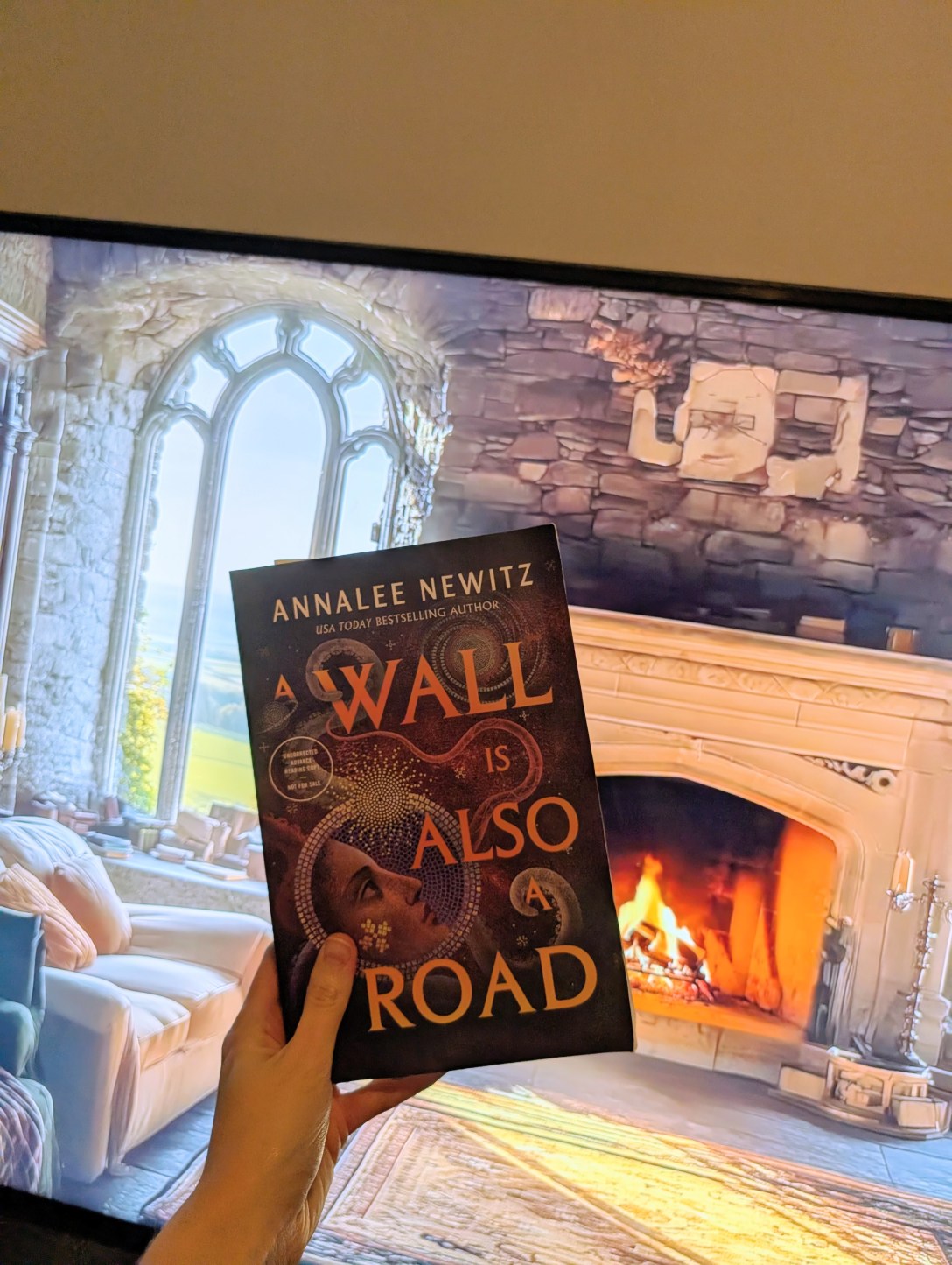 A Wall is Also a Road held above a TV screen with a fireplace