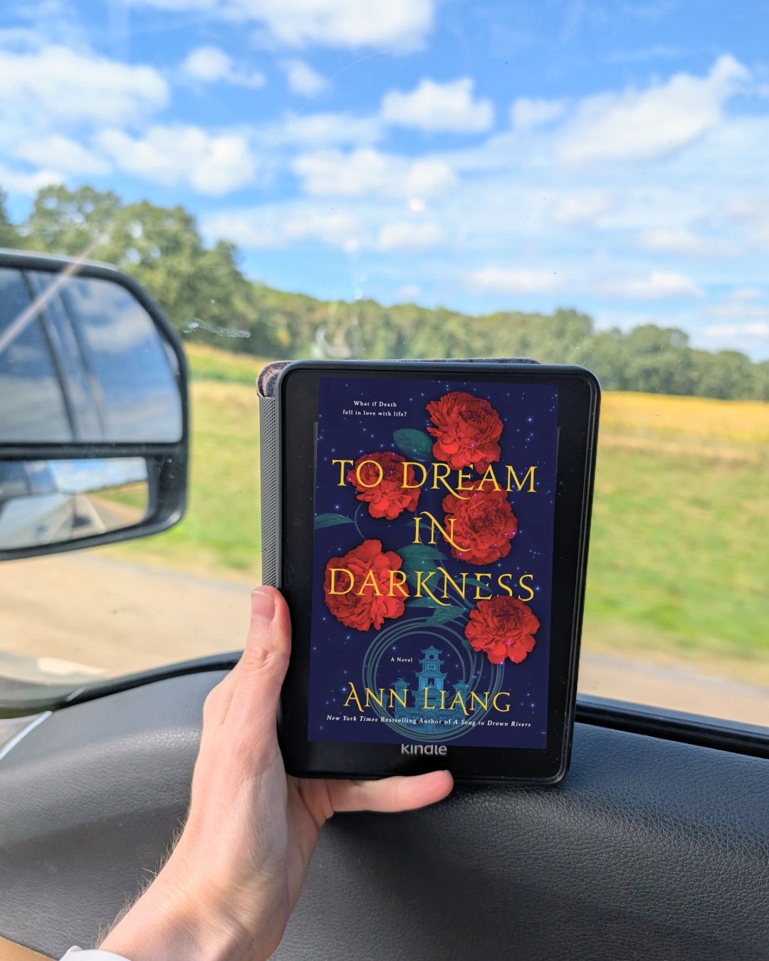 A Kindle with To Dream in Darkness held up in front of a car window